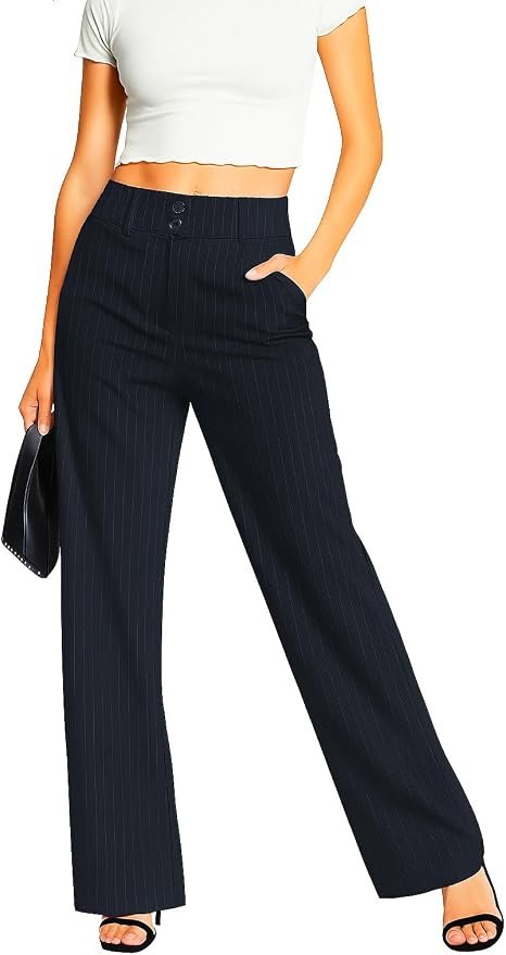Femiss Women's Navy Stripe Wide Leg Trousers – High Waisted Tailored Relaxed Fit Office Work Pants