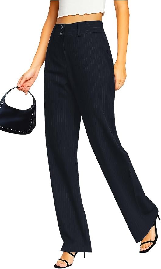 Femiss Women's Navy Stripe Wide Leg Trousers – High Waisted Tailored Relaxed Fit Office Work Pants