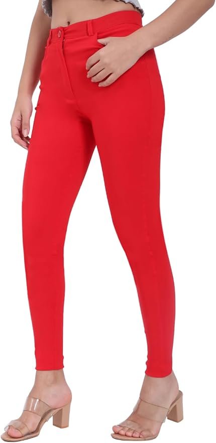 Women's Skinny Stretch Trousers – Red | Smart Casual Office & School Uniform Pants with Pockets