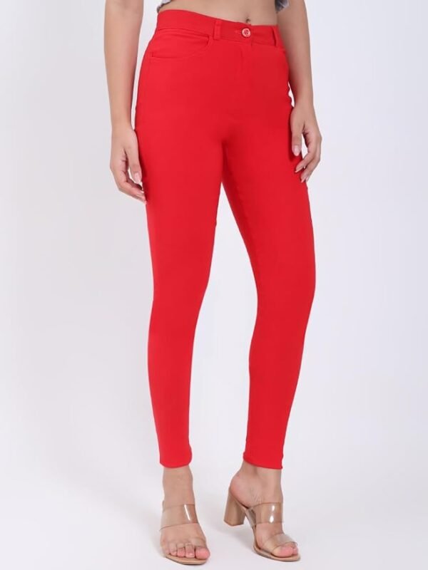 Women's Skinny Stretch Trousers – Red | Smart Casual Office & School Uniform Pants with Pockets