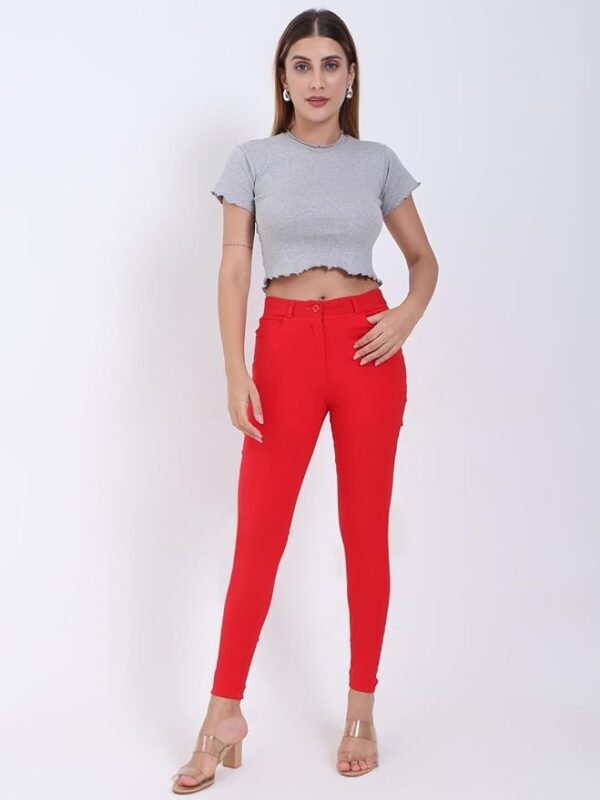 Women's Skinny Stretch Trousers – Red | Smart Casual Office & School Uniform Pants with Pockets