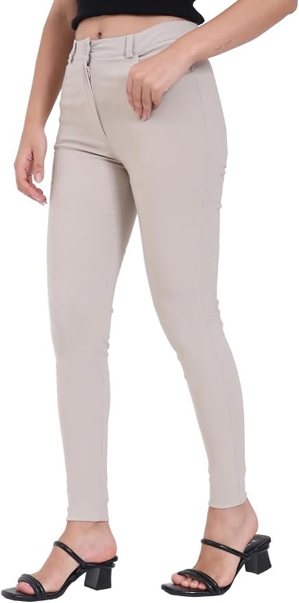 Women's Skinny Stretch Trousers – Stone | Smart Casual Office & School Uniform Pants with Pockets
