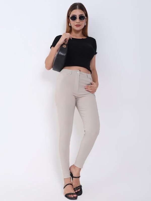 Women's Skinny Stretch Trousers – Stone | Smart Casual Office & School Uniform Pants with Pockets
