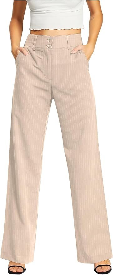 Femiss Women's Stone Stripe Wide Leg Trousers – High Waisted Tailored Relaxed Fit Office Work Pants