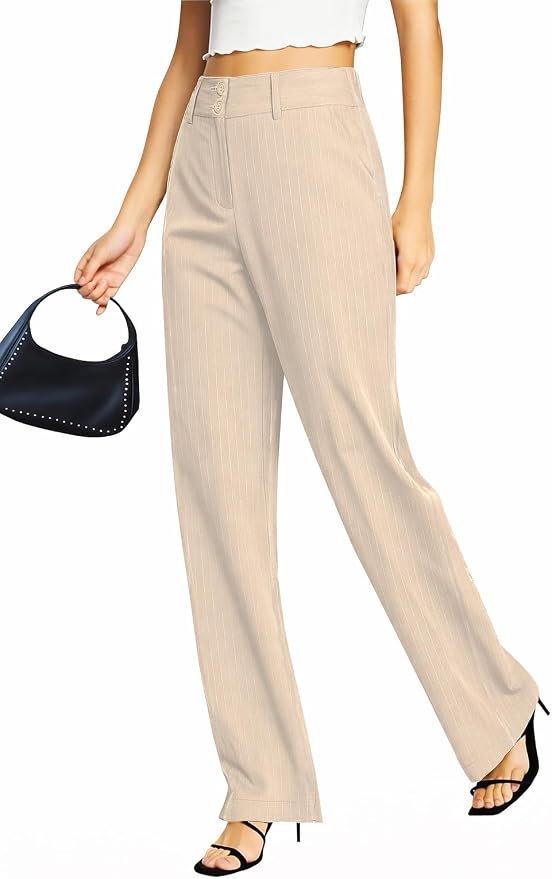 Femiss Women's Stone Stripe Wide Leg Trousers – High Waisted Tailored Relaxed Fit Office Work Pants
