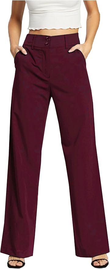 Femiss Women's Wine Wide Leg Trousers – High Waisted Tailored Relaxed Fit Office Work Pants