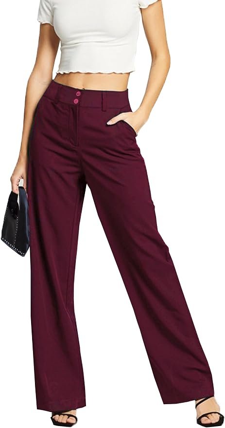 Femiss Women's Wine Wide Leg Trousers – High Waisted Tailored Relaxed Fit Office Work Pants
