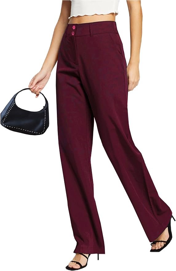 Femiss Women's Wine Wide Leg Trousers – High Waisted Tailored Relaxed Fit Office Work Pants
